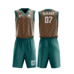 Custom basketball uniform in teal and orange with a dynamic diagonal line pattern, front and back views.