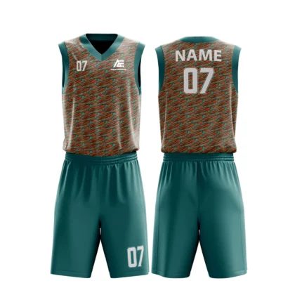Custom basketball uniform in teal and orange with a dynamic diagonal line pattern, front and back views.