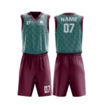 Custom basketball uniform in maroon and teal with a dynamic diagonal line pattern, front and back views.