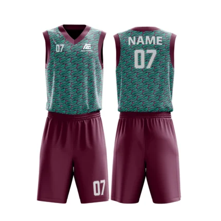 Custom basketball uniform in maroon and teal with a dynamic diagonal line pattern, front and back views.