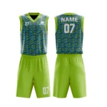 Custom basketball uniform in lime green and blue with a geometric tile pattern, front and back views.