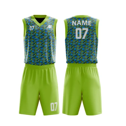 Custom basketball uniform in lime green and blue with a geometric tile pattern, front and back views.