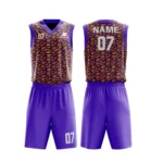 Custom basketball uniform in purple and orange with a geometric tile pattern, front and back views.