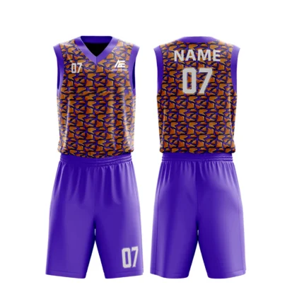 Custom basketball uniform in purple and orange with a geometric tile pattern, front and back views.