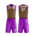 Custom basketball uniform in purple and lime green with a geometric tile pattern, front and back views.