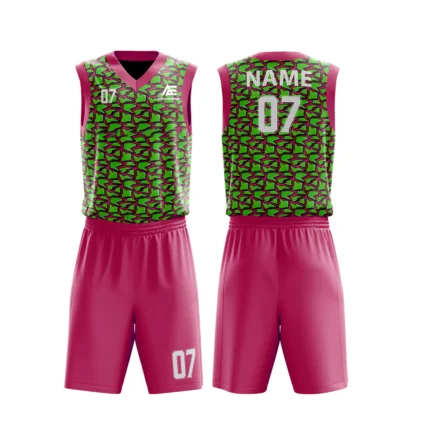 Custom basketball uniform in pink and green with a geometric tile pattern, front and back views.