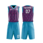 Custom basketball uniform in sky blue and pink with a geometric tile pattern, front and back views.