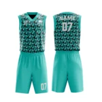 Custom basketball uniform in sky blue with a modern houndstooth pattern, front and back views.