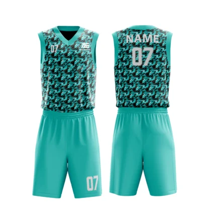 Custom basketball uniform in sky blue with a modern houndstooth pattern, front and back views.