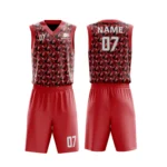 Custom basketball uniform in red with a modern houndstooth pattern, front and back views.