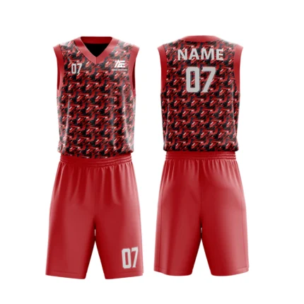 Custom basketball uniform in red with a modern houndstooth pattern, front and back views.