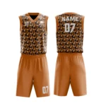 Custom basketball uniform in orange with a modern houndstooth pattern, front and back views.