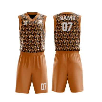 Custom basketball uniform in orange with a modern houndstooth pattern, front and back views.