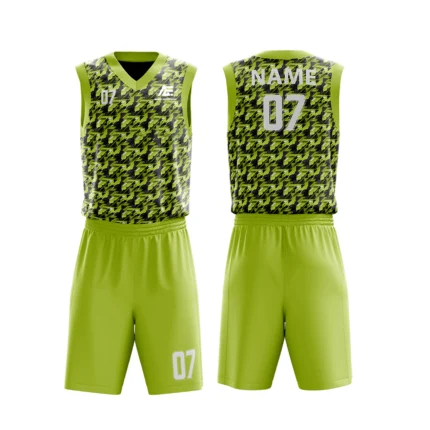 Custom basketball uniform in lime green with a modern houndstooth pattern, front and back views.