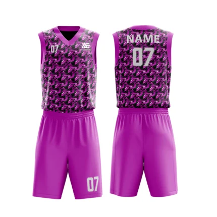 Custom basketball uniform in pink with a modern houndstooth pattern, front and back views.