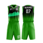 Green and black basketball uniform with cityscape design.