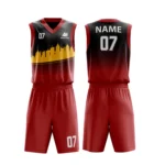 Red and black basketball uniform with cityscape design.