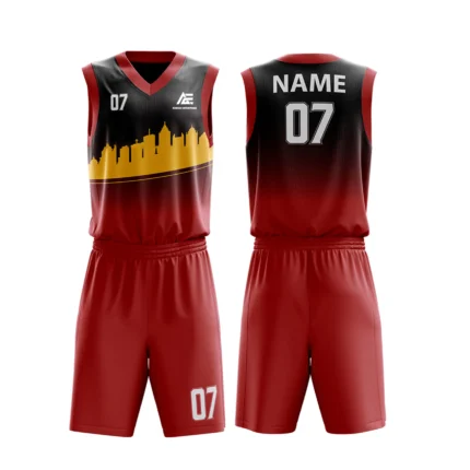 Red and black basketball uniform with cityscape design.