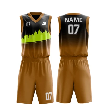 Brown and black basketball uniform with cityscape design.