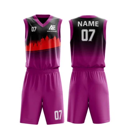 Pink and black basketball uniform with cityscape design.