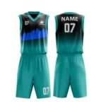 Sky Blue and black basketball uniform with cityscape design.