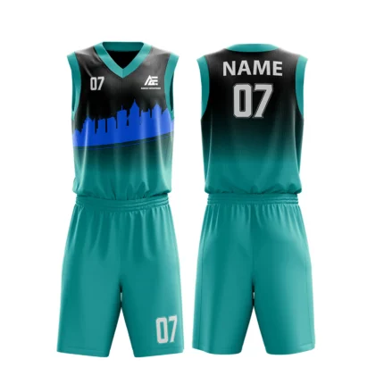 Sky Blue and black basketball uniform with cityscape design.