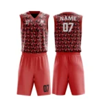 Custom basketball uniform in red with a modern houndstooth pattern, front and back views.