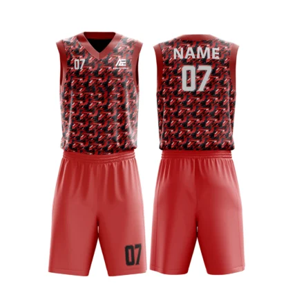 Custom basketball uniform in red with a modern houndstooth pattern, front and back views.