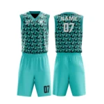 Custom basketball uniform in teal with a modern houndstooth pattern, front and back views.