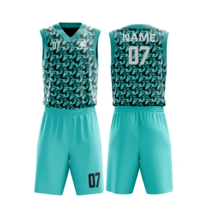Custom basketball uniform in teal with a modern houndstooth pattern, front and back views.