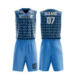 Custom basketball uniform in blue with a modern houndstooth pattern, front and back views.