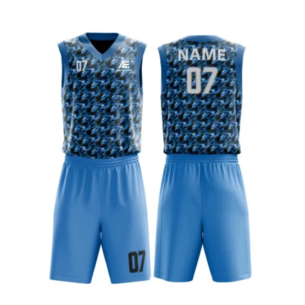 Custom basketball uniform in blue with a modern houndstooth pattern, front and back views.
