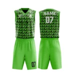 Custom basketball uniform in green with a modern houndstooth pattern, front and back views.