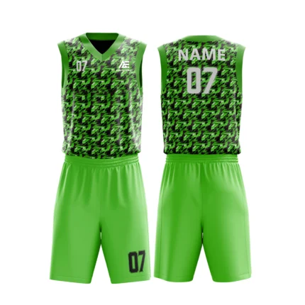 Custom basketball uniform in green with a modern houndstooth pattern, front and back views.