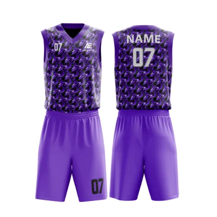 Custom basketball uniform in purple with a modern houndstooth pattern, front and back views.