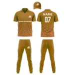 Custom cricket uniform kit in a golden brown color featuring a stylish geometric design and logo by Adrees Enterprises.