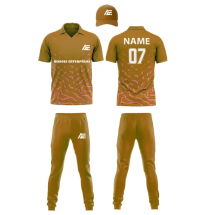 Custom cricket uniform kit in a golden brown color featuring a stylish geometric design and logo by Adrees Enterprises.