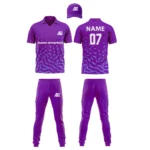 Custom cricket uniform kit in a vibrant purple shade with geometric patterns and branding by Adrees Enterprises.