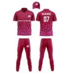 Custom cricket uniform kit in a deep maroon color with dynamic patterns and branding by Adrees Enterprises.