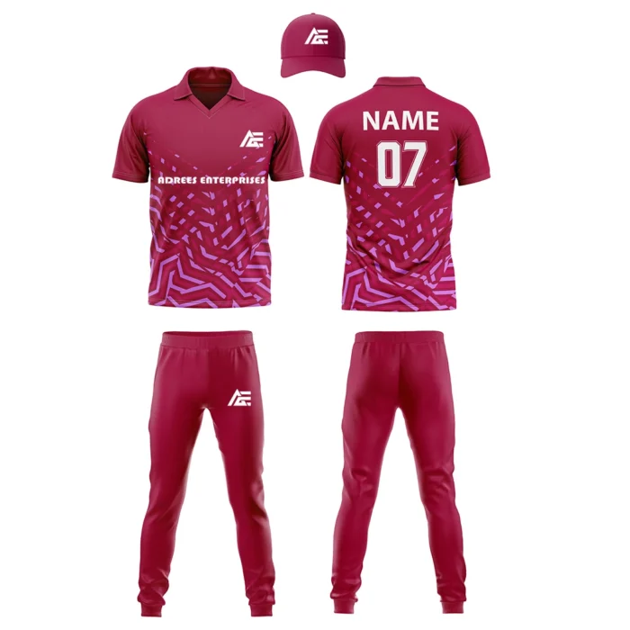 Custom cricket uniform kit in a deep maroon color with dynamic patterns and branding by Adrees Enterprises.