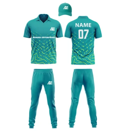Custom cricket uniform kit in a teal color with modern geometric patterns and branding by Adrees Enterprises.