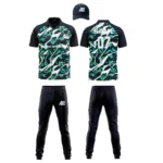 Custom cricket uniform kit with a bold green and black abstract pattern, featuring a cap, jersey, and trousers by Adrees Enterprises.
