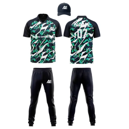 Custom cricket uniform kit with a bold green and black abstract pattern, featuring a cap, jersey, and trousers by Adrees Enterprises.