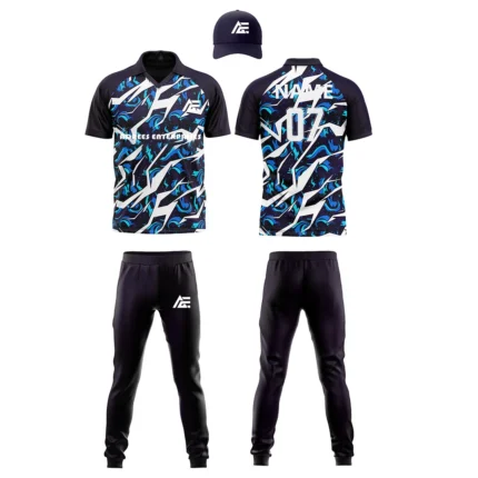 Custom cricket uniform kit with a vibrant blue and black abstract pattern, including cap, jersey, and trousers by Adrees Enterprises.