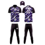 Custom cricket uniform kit with a striking purple and black abstract design, including a cap, jersey, and trousers by Adrees Enterprises.