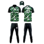 Custom cricket uniform kit with a green and black abstract pattern, including a cap, jersey, and trousers by Adrees Enterprises.