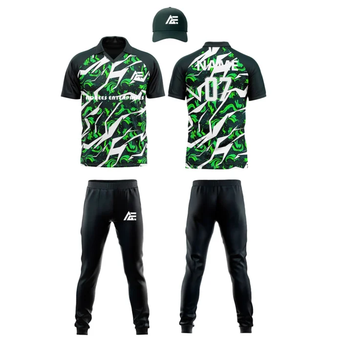 Custom cricket uniform kit with a green and black abstract pattern, including a cap, jersey, and trousers by Adrees Enterprises.