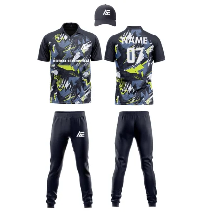 Custom cricket uniform kit with a yellow and black abstract design, including a cap, jersey, and trousers by Adrees Enterprises.
