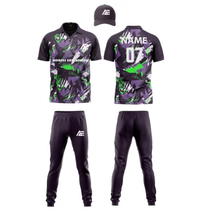 Custom cricket uniform kit with a green and purple abstract pattern, including a cap, jersey, and trousers by Adrees Enterprises.