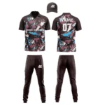 Custom cricket uniform kit with a brown and blue abstract design, including a cap, jersey, and trousers by Adrees Enterprises.
